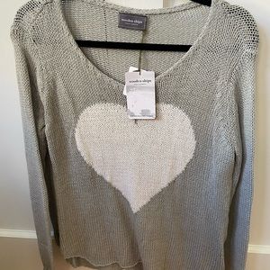 NEVER WORN - Wooden Ships grey handmade knit sweater with white heart print